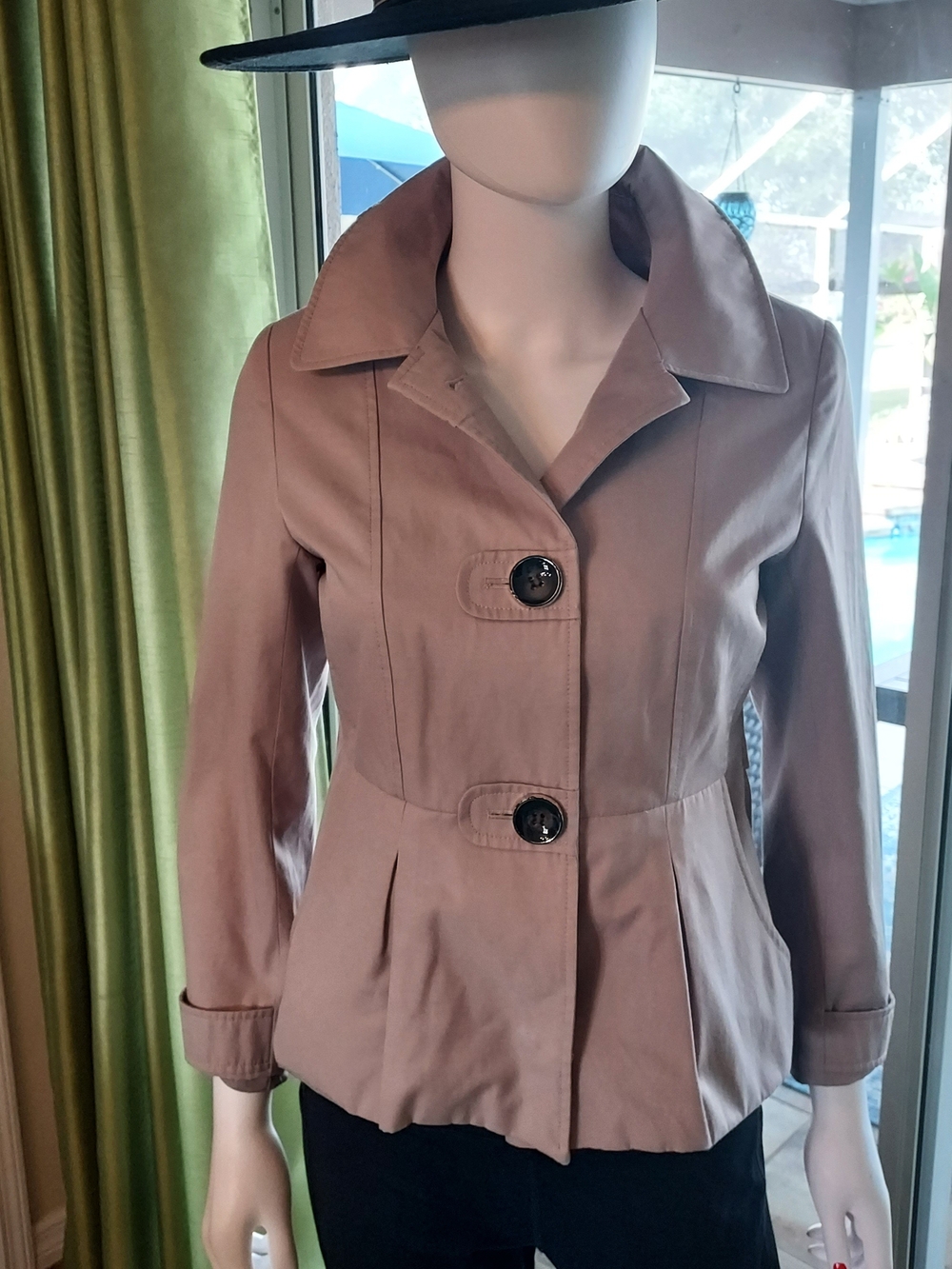 Womens Taupe Water Resistant Trench Coat w Pleated Detail Design & Pockets . PP